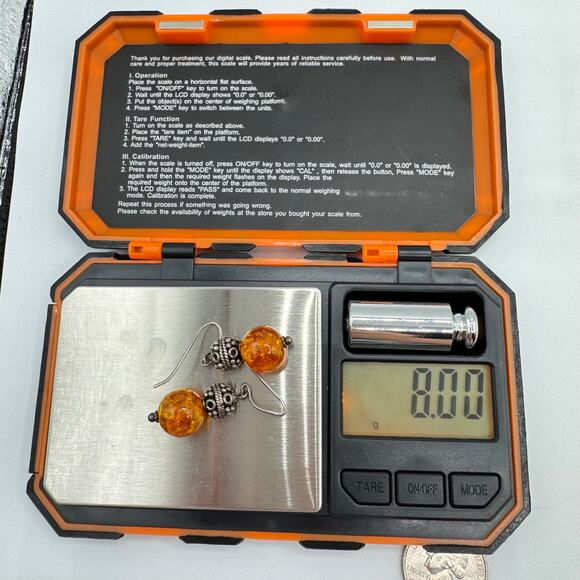 Bali Style Amber Chunk & Silver Bali Style Bead Dangle Earrings Acid UV Tested - Picture 11 of 12